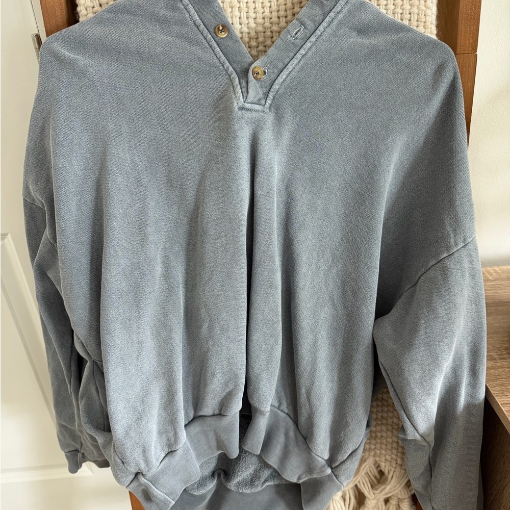 Gray V-Neck Sweatshirt with Button Detail
